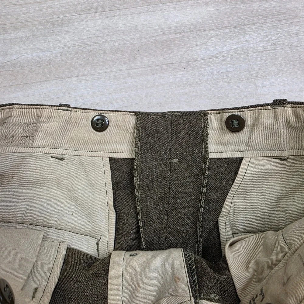 Vintage Military Wool Trousers Olive Drab High Waisted Button Fly Pants 32 x 33